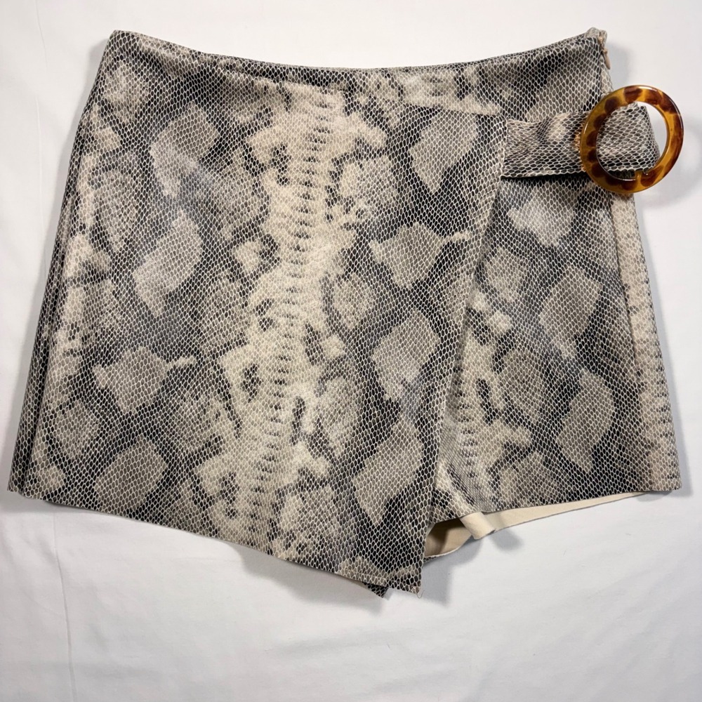 Women's Snakeskin Print Wrap Skort Small Faux Leather Grey Beige Zara Mini